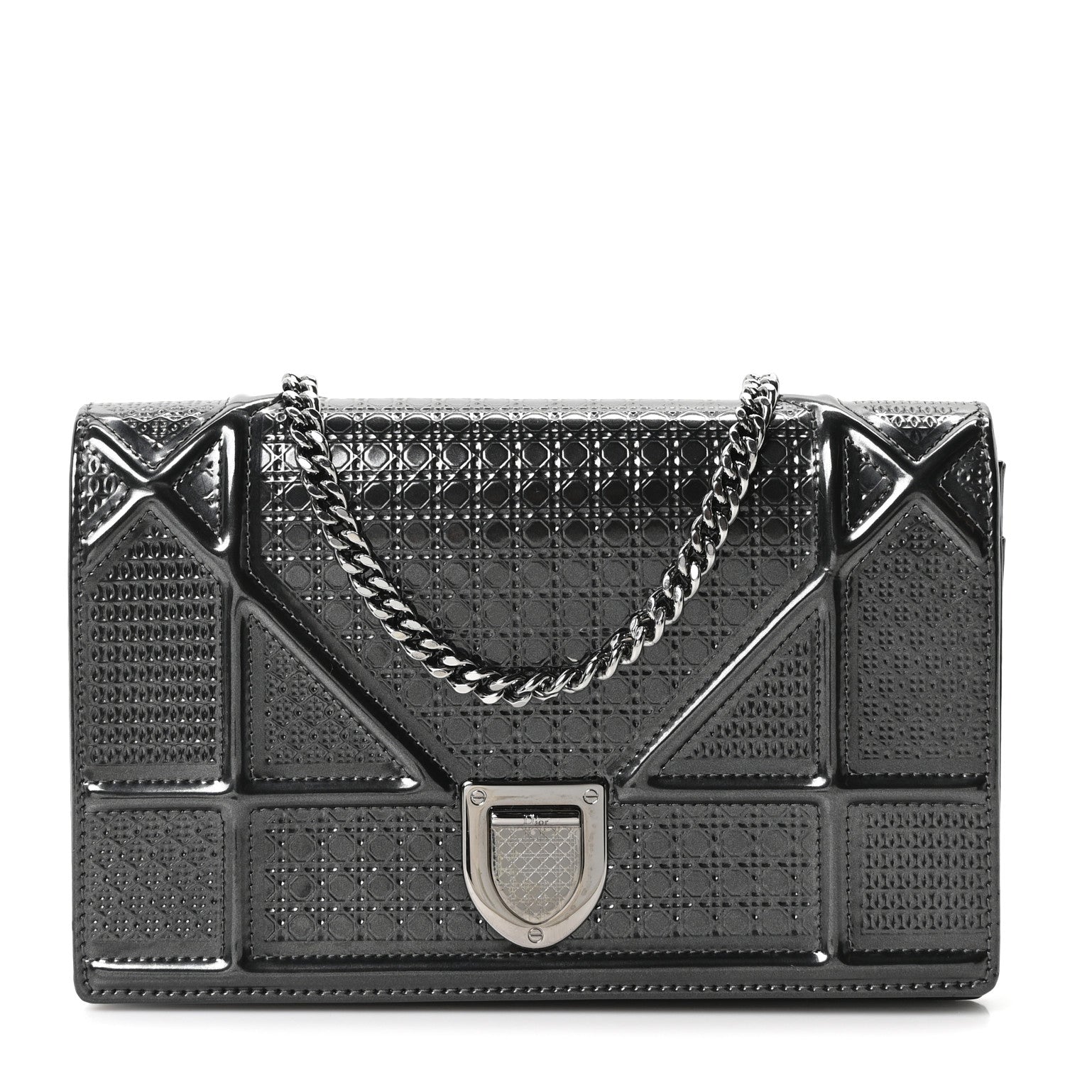 Christian Dior Metallic Patent Micro-Cannage Diorama Wallet on Chain Pouch Onyx Black