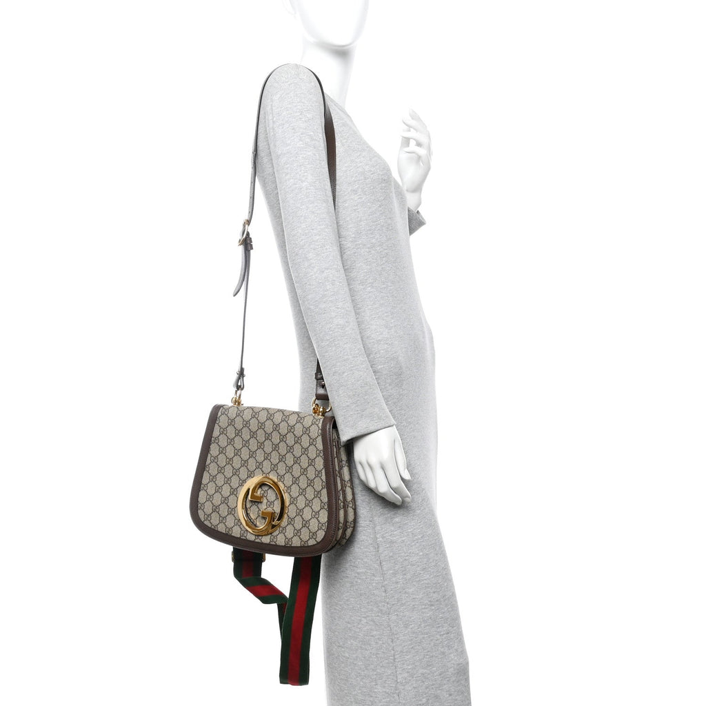 Gucci GG Supreme Monogram Textured Dollar Calfskin Web Medium Blondie Shoulder Flap Bag Beige Ebony New Acero