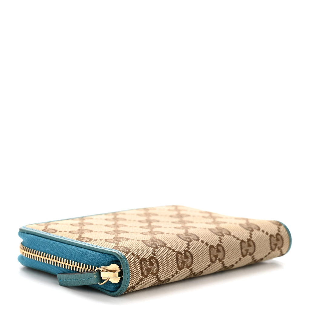 Gucci Monogram Dollar Calfskin Zip Around Compact Wallet Beige Ebony Deep Cobalt