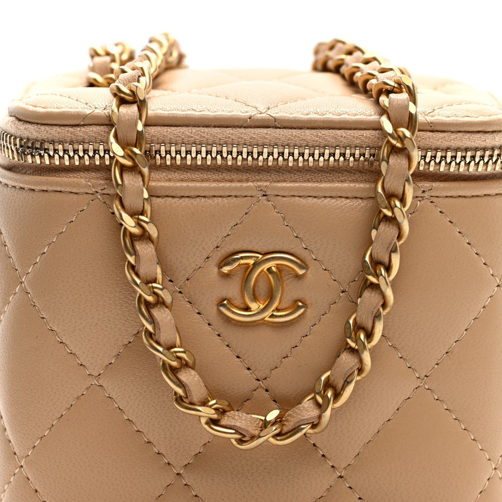 Chanel Lambskin Quilted Pearl Crush Mini Vanity Case With Chain Beige