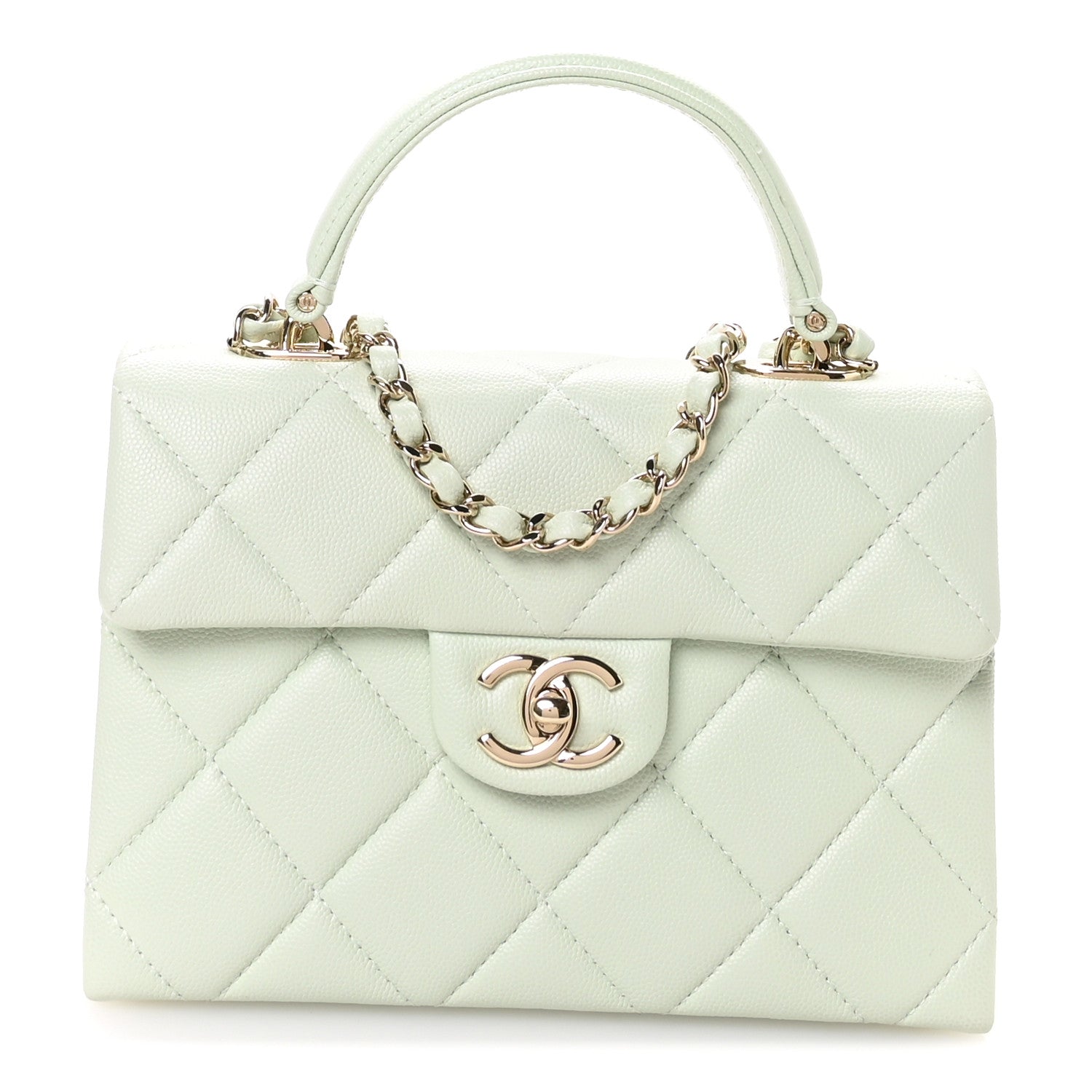 Chanel Caviar Quilted Retro Medium Twist Top Handle Clutch Light Green
