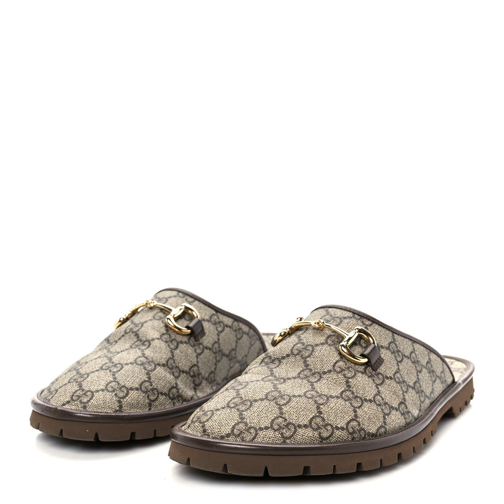 Gucci GG Supreme Monogram Miro Soft Calfskin Men's Horsebit Slippers 10 Beige Ebony New Acero