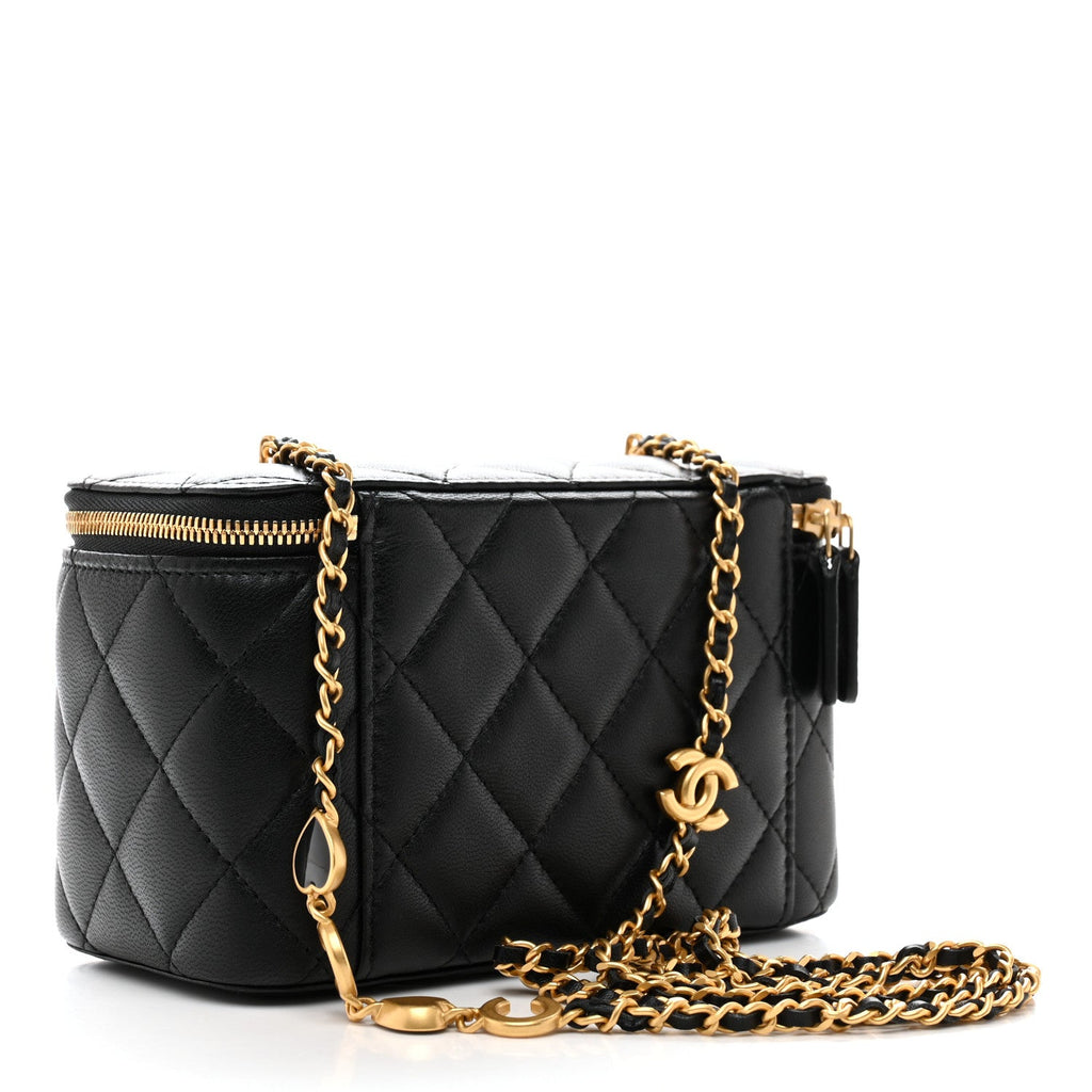 Chanel Lambskin Enamel Quilted Small Coco Hearts Vanity Case With Chain Black