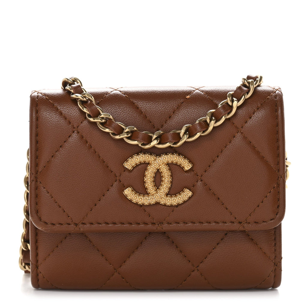 Chanel Lambskin Quilted Studded CC Clutch With Chain Brown