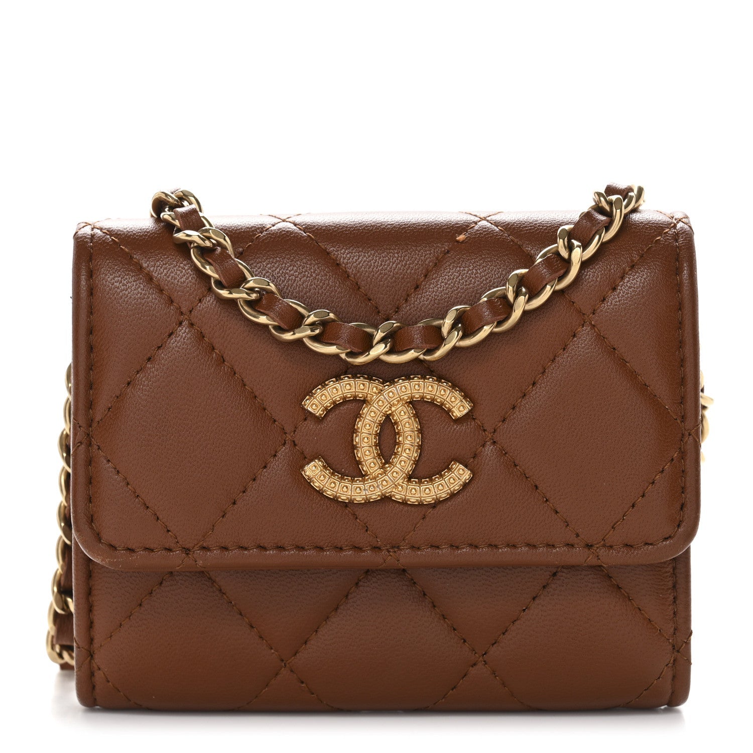 Chanel Lambskin Quilted Studded CC Clutch With Chain Brown