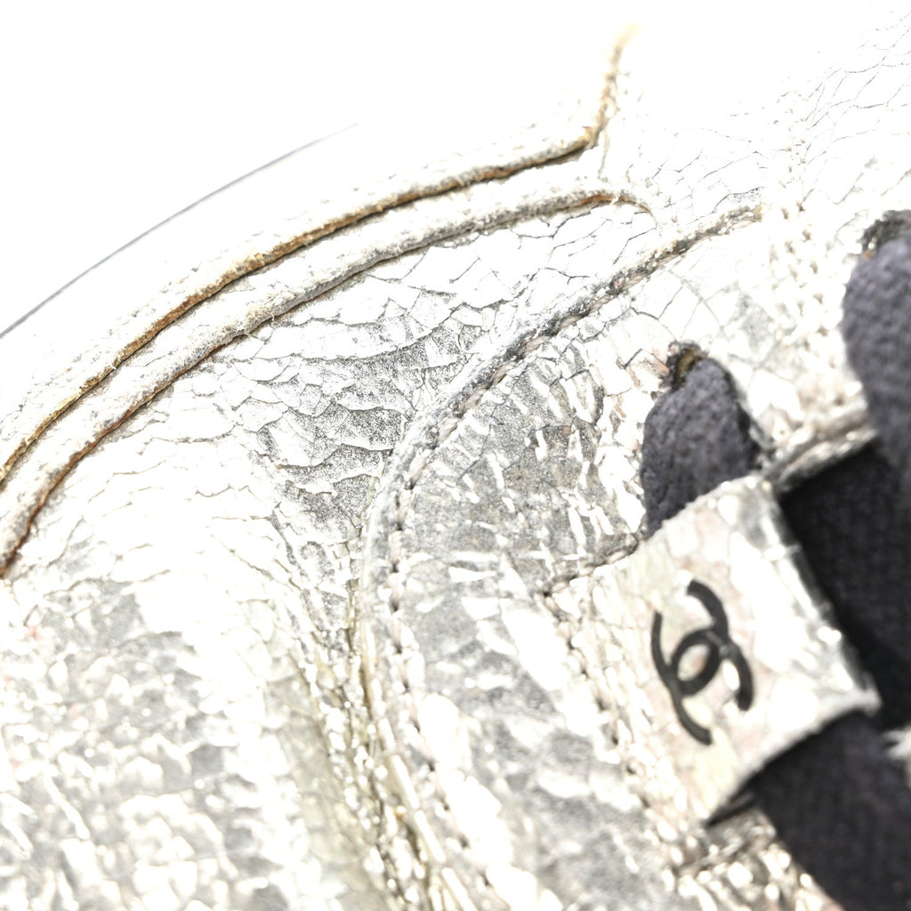 Metallic Crackled Calfskin CC Sneakers 36 Silver Black Navy