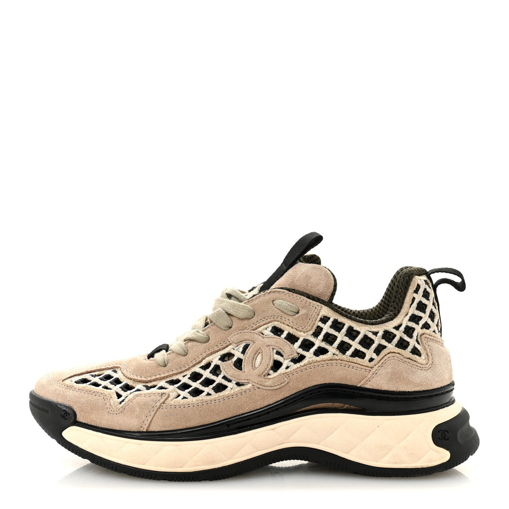 Chanel Suede Calfskin Embroidered CC Sneakers 39 Beige Black