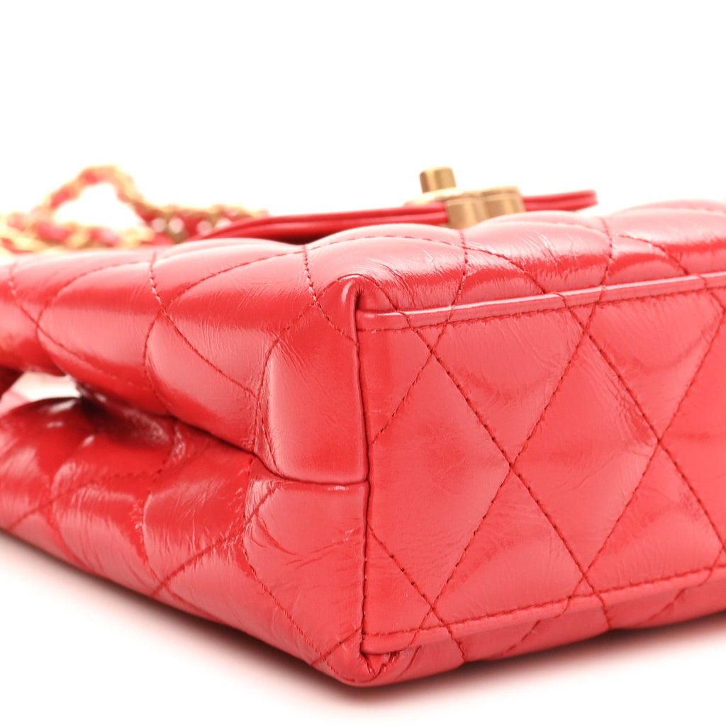 Chanel Shiny Aged Calfskin Quilted Nano Kelly Shopper Dark Red