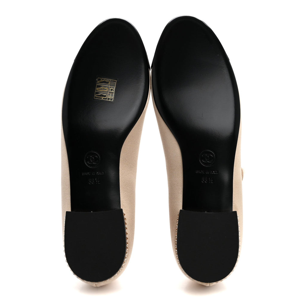 Chanel Strass Satin Grosgrain Mary Jane Flats 38.5 Beige Black