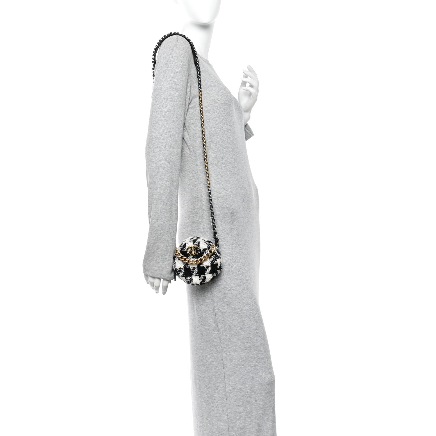 Chanel Wool Tweed Lambskin Quilted Chanel 19 Round Clutch With Chain and Coin Purse Black White