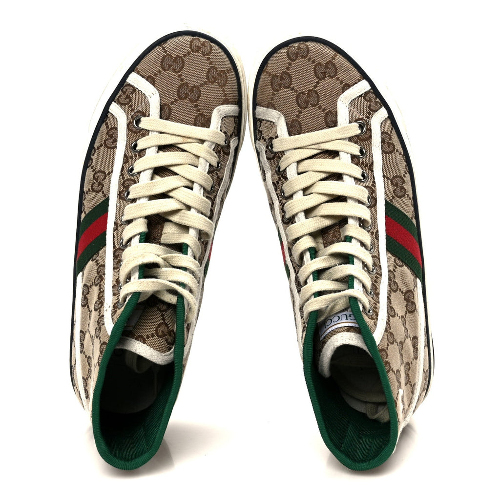 Gucci GG Monogram Web Mens 1977 Tennis High Top Sneakers 6.5 Beige Ebony Mystic White
