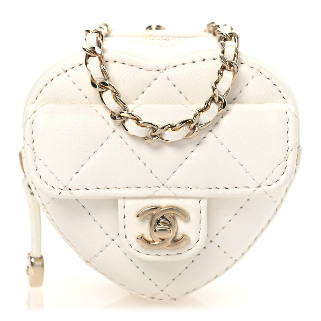 Chanel Lambskin Quilted CC In Love Heart Coin Purse With Chain White
