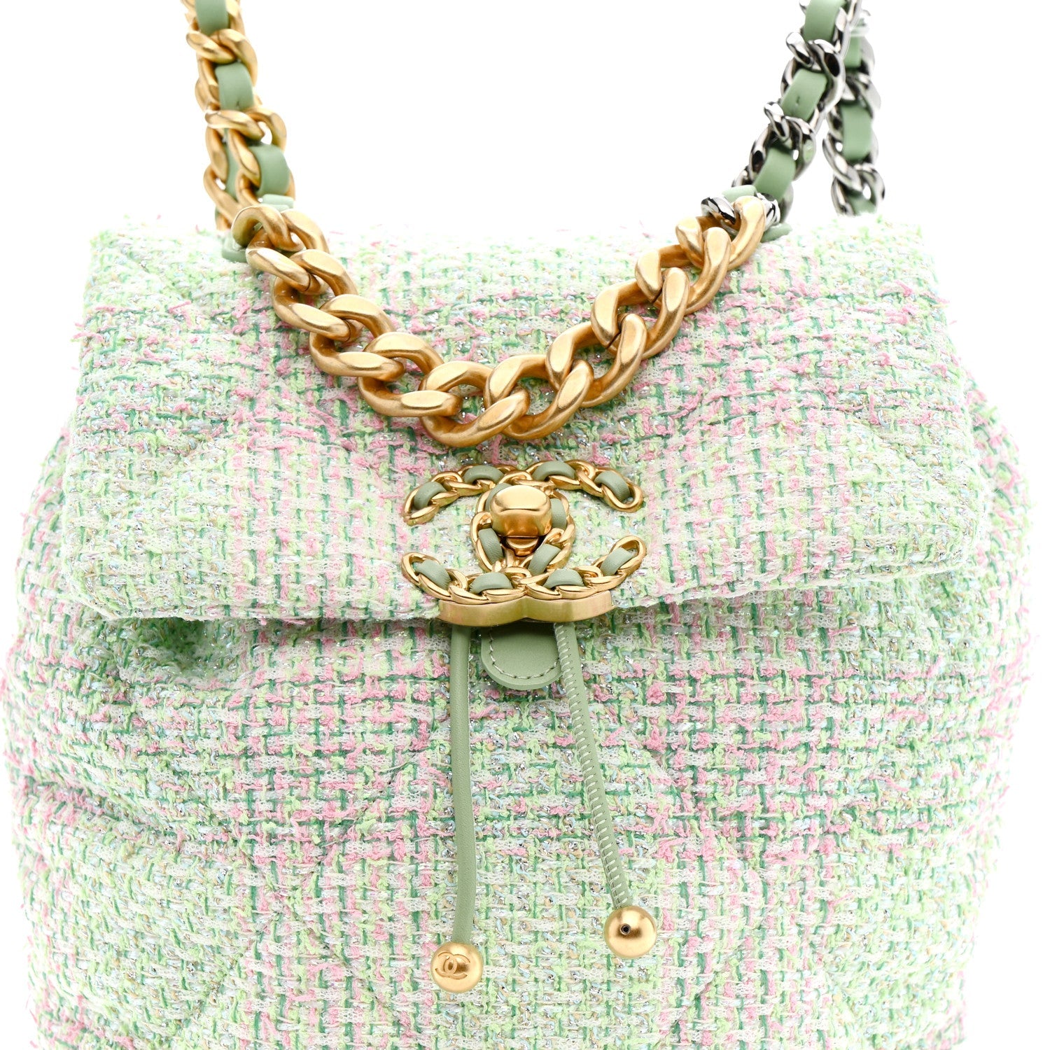 Chanel Tweed Quilted Chanel 19 Backpack Green Pink