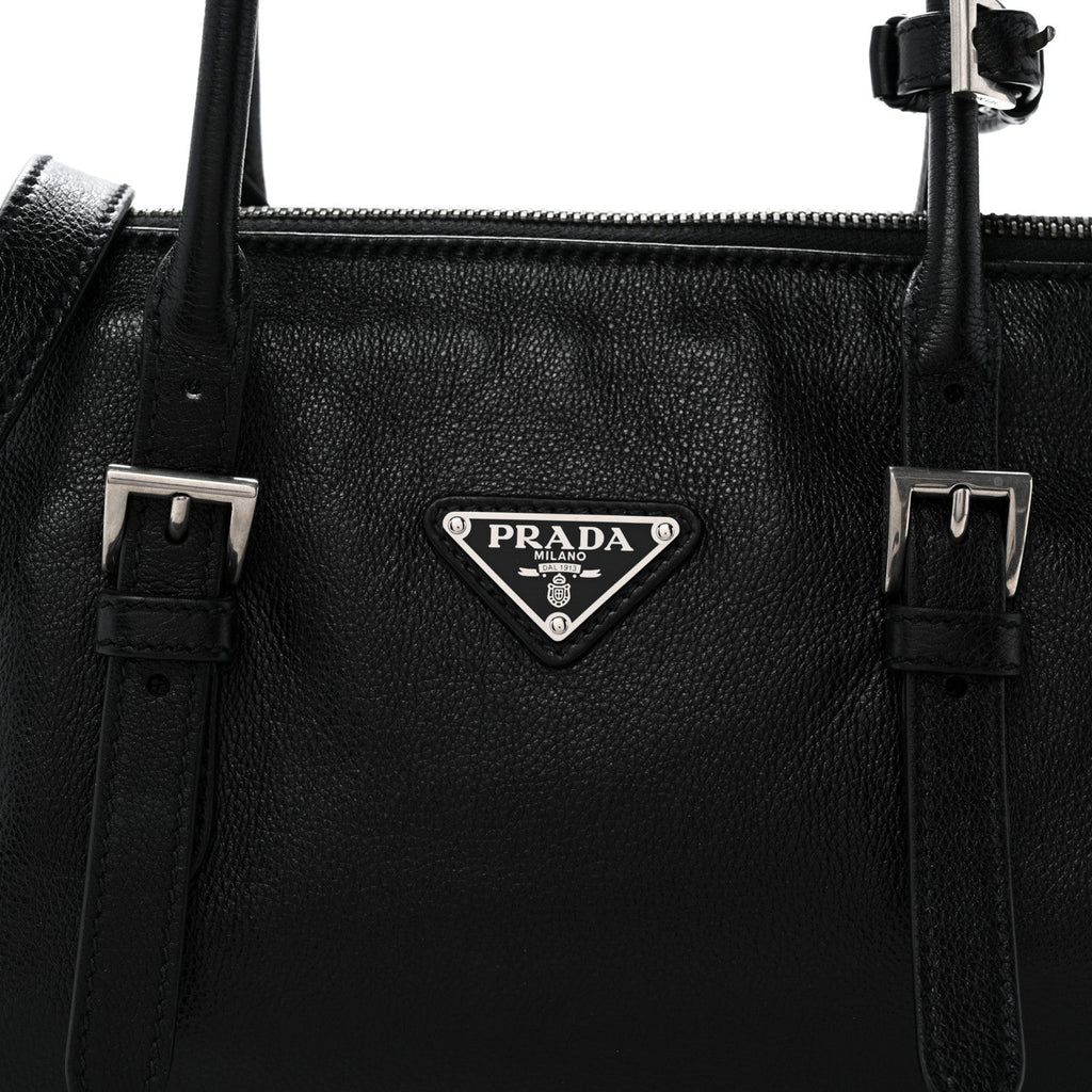 Prada Antiqued Calfskin Triangle Medium Bonnie Shoulder Bag Black