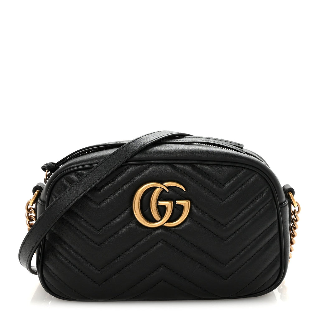 Gucci Calfskin Matelasse Small GG Marmont Chain Shoulder Bag Black