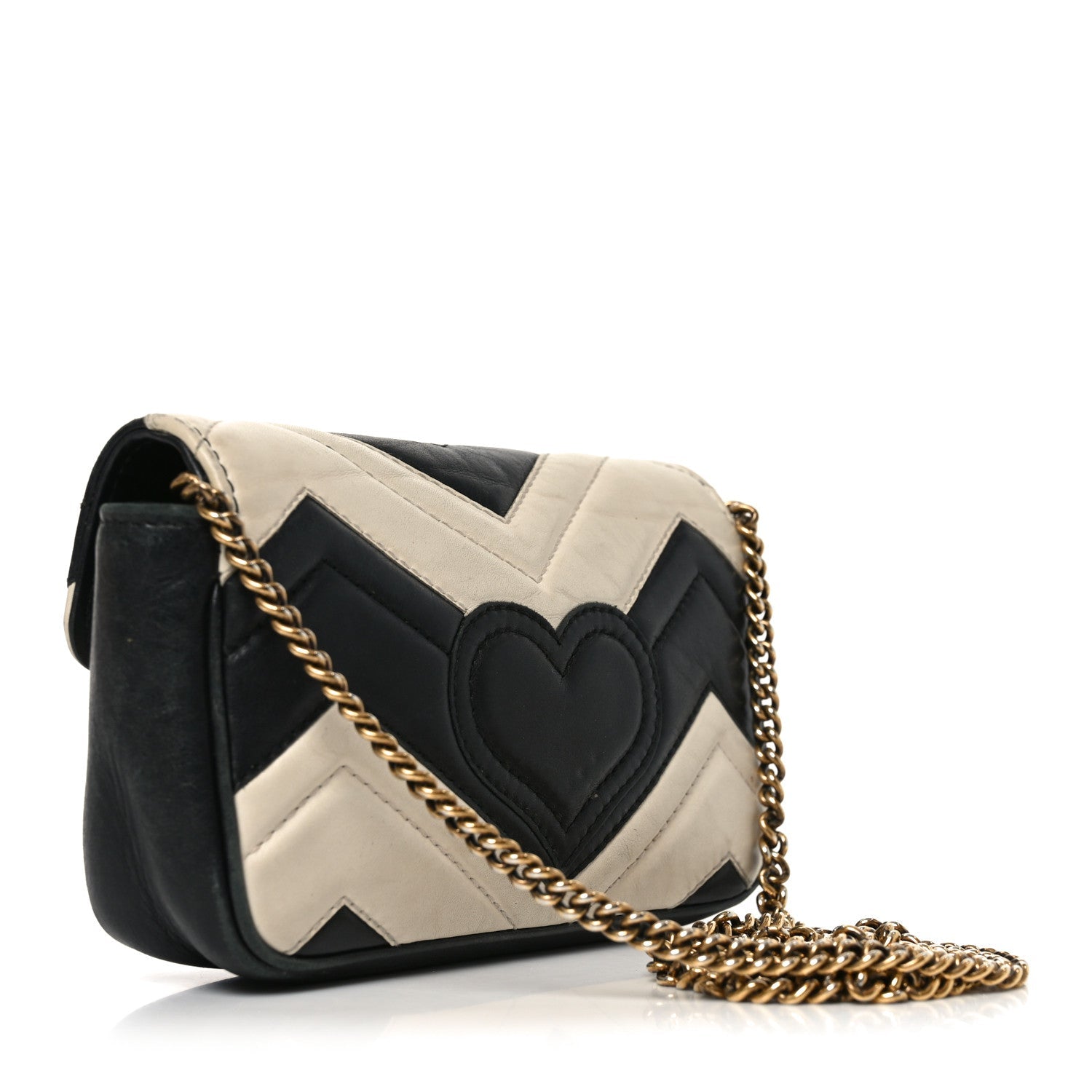 Gucci Calfskin Matelasse Super Mini GG Marmont Shoulder Bag Black White