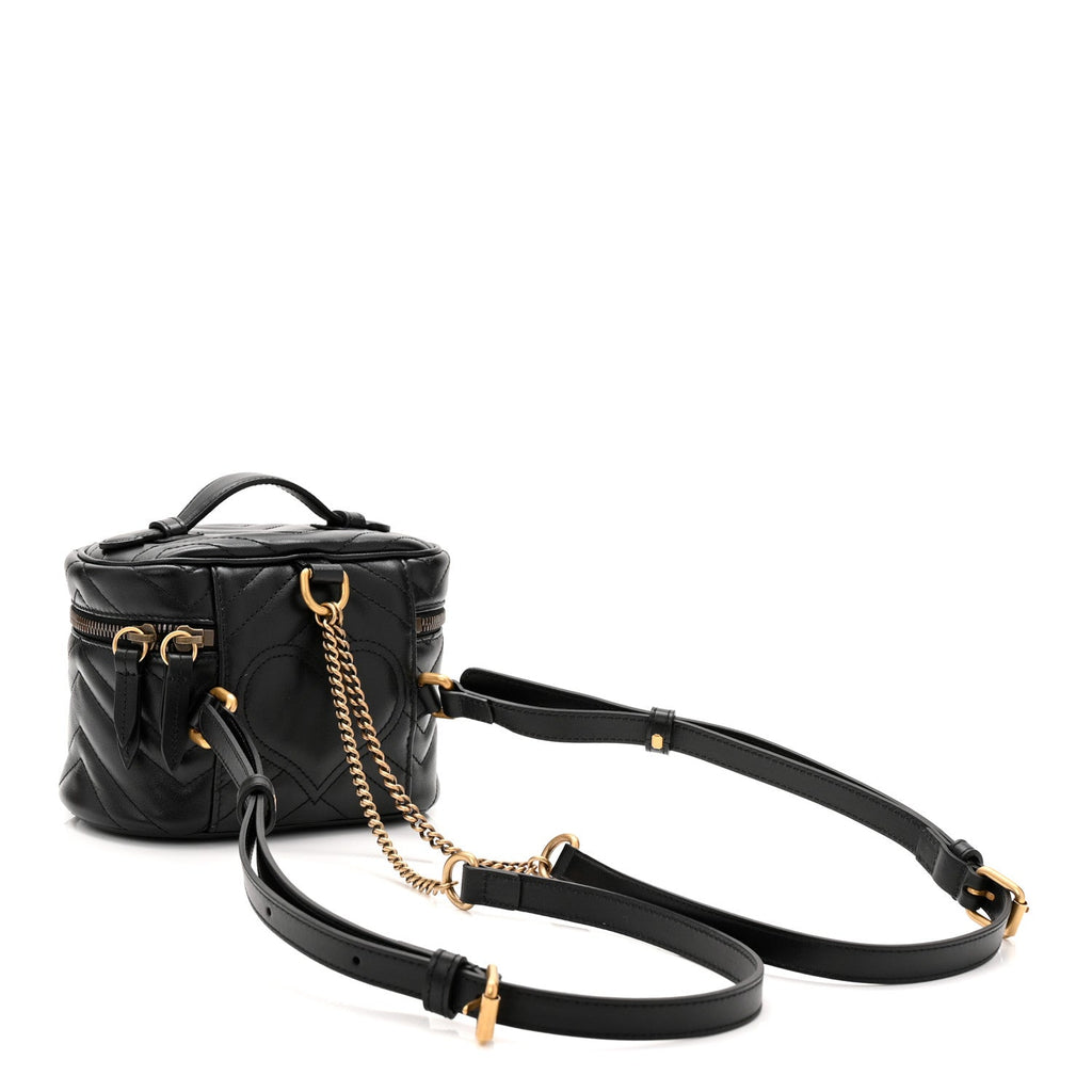 Gucci Calfskin Matelasse Chevron Mini GG Marmont Top Handle Bag Black