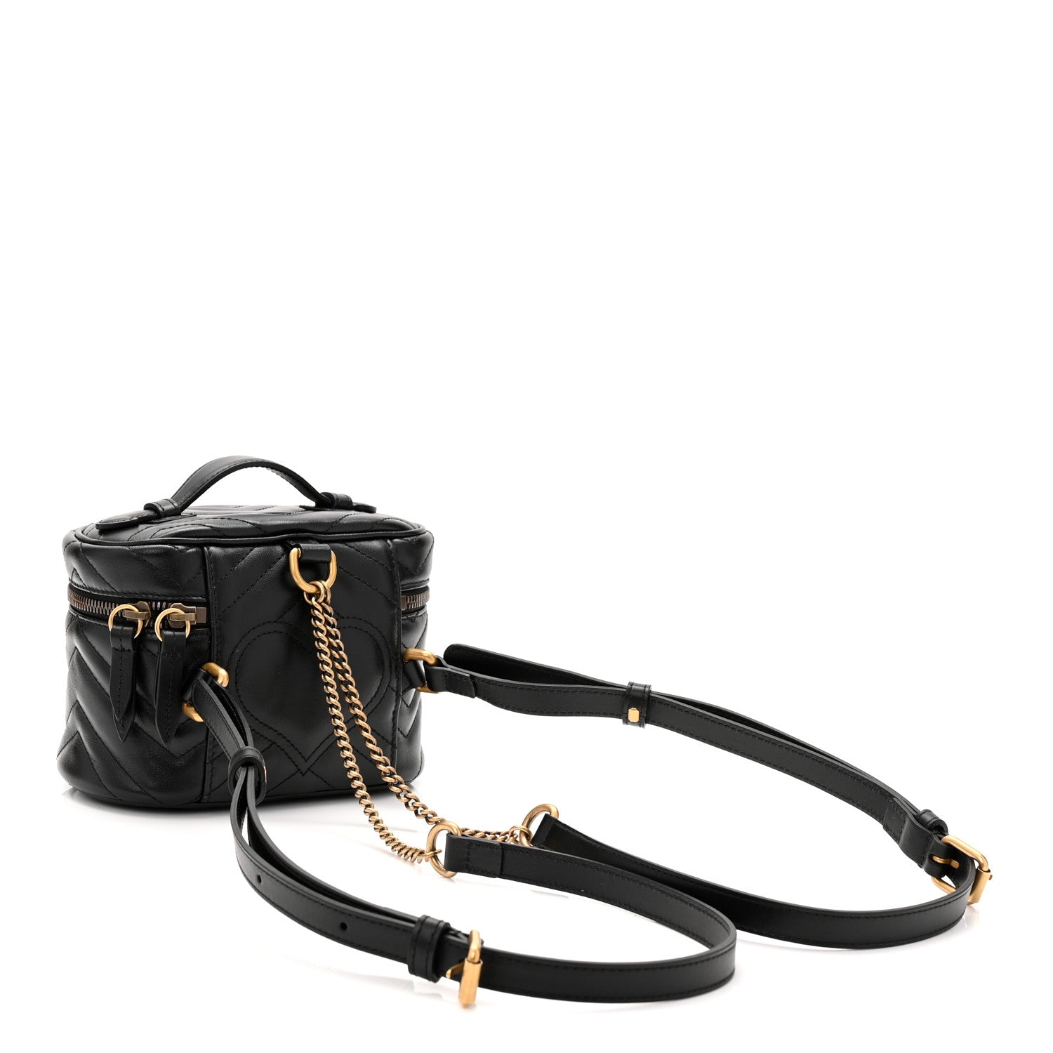 Gucci Calfskin Matelasse Chevron Mini GG Marmont Top Handle Bag Black