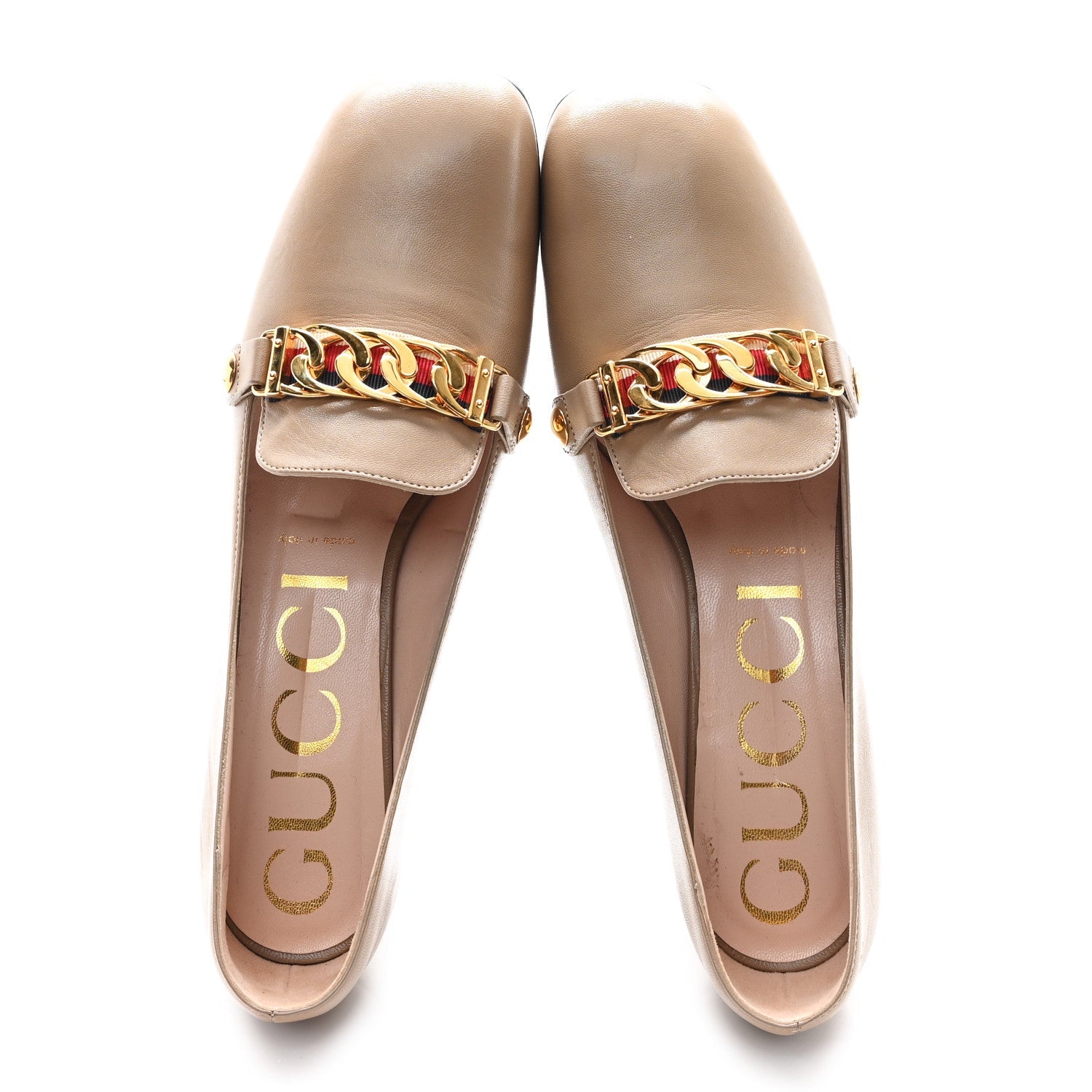 Gucci Malaga Kid Sylvie Web Chain Mid Heel Loafers 39.5 Mud