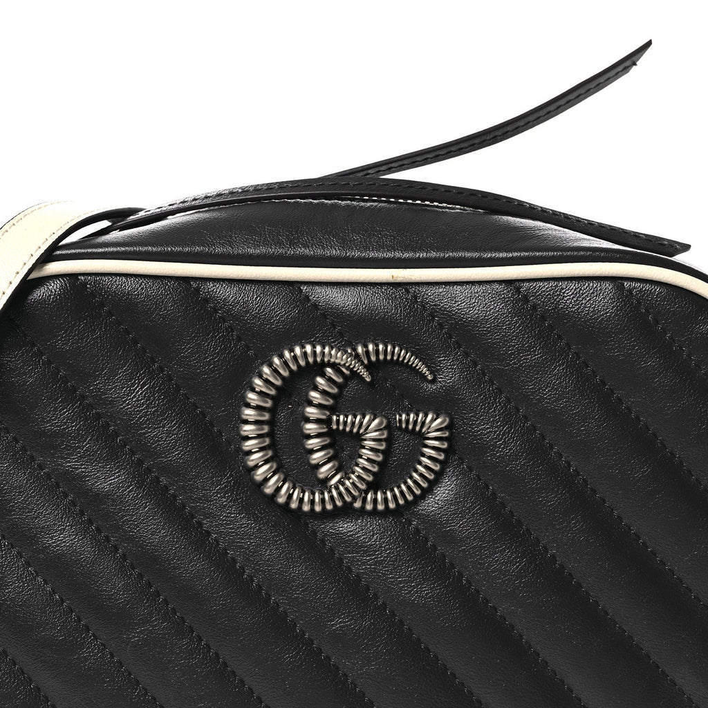 Gucci Vintage Effect Calfskin Matelasse Diagonal Small Torchon GG Marmont Chain Shoulder Bag Blue Agata Mystic White