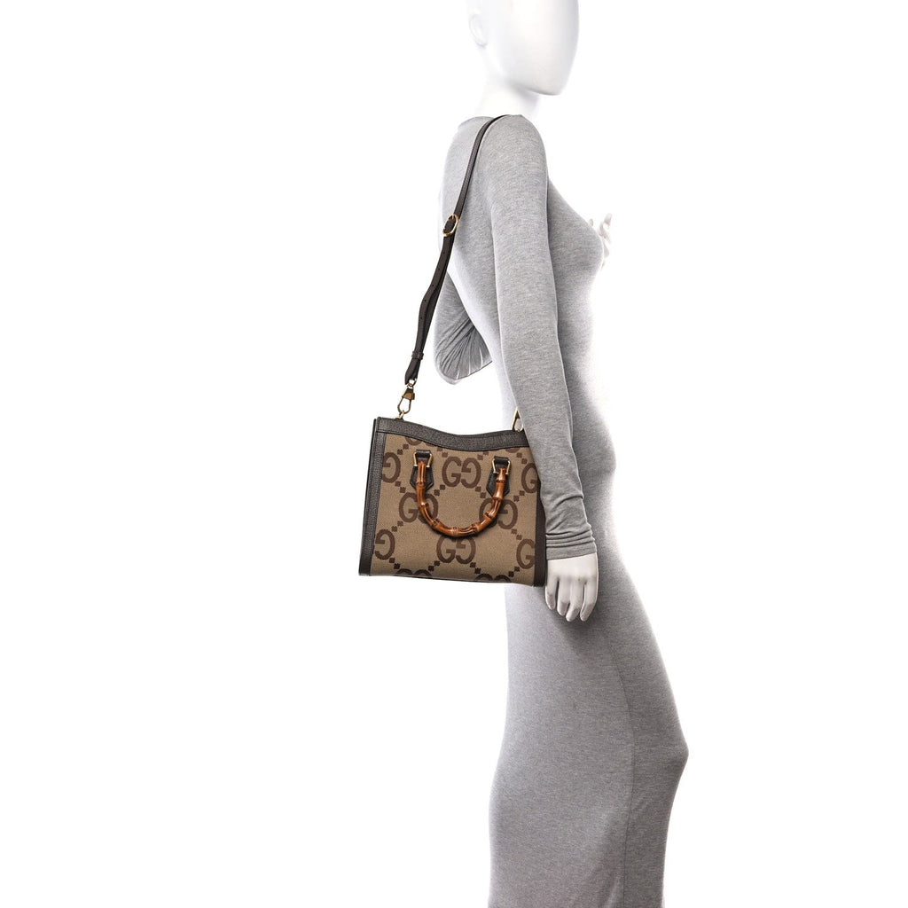 Gucci Monogram Jumbo GG Textured Dollar Calfskin Small Diana Tote Bag Camel Ebony New Acero