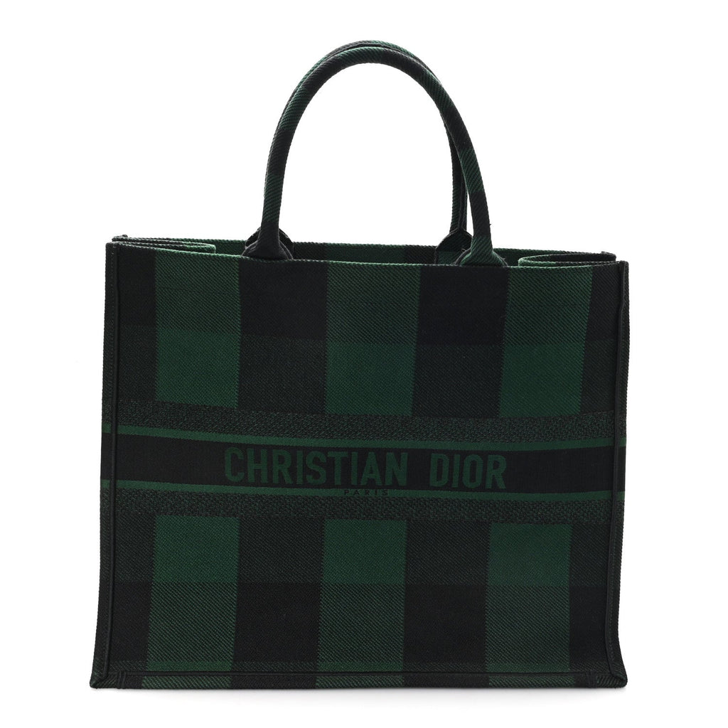 Christian Dior Canvas Embroidered Large Checkered Book Tote Black Green