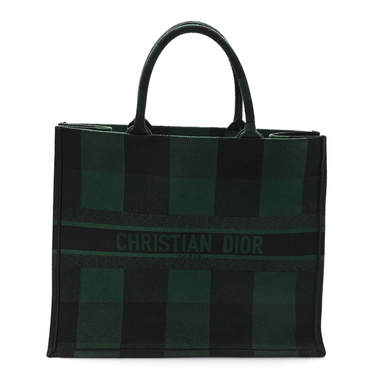 Christian Dior Canvas Embroidered Large Checkered Book Tote Black Green