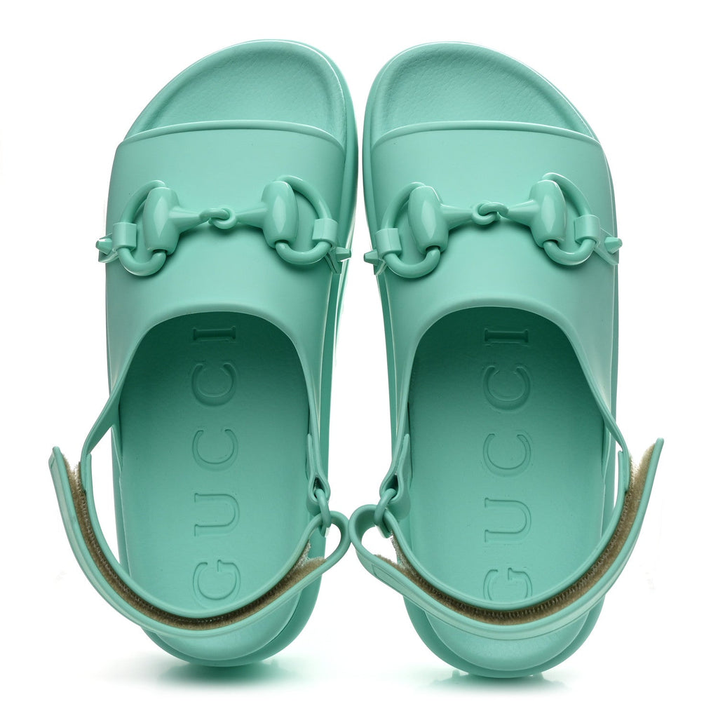 Gucci Soft Rubber Horsebit Womens Slingback Sandals 37 Teal Cyan