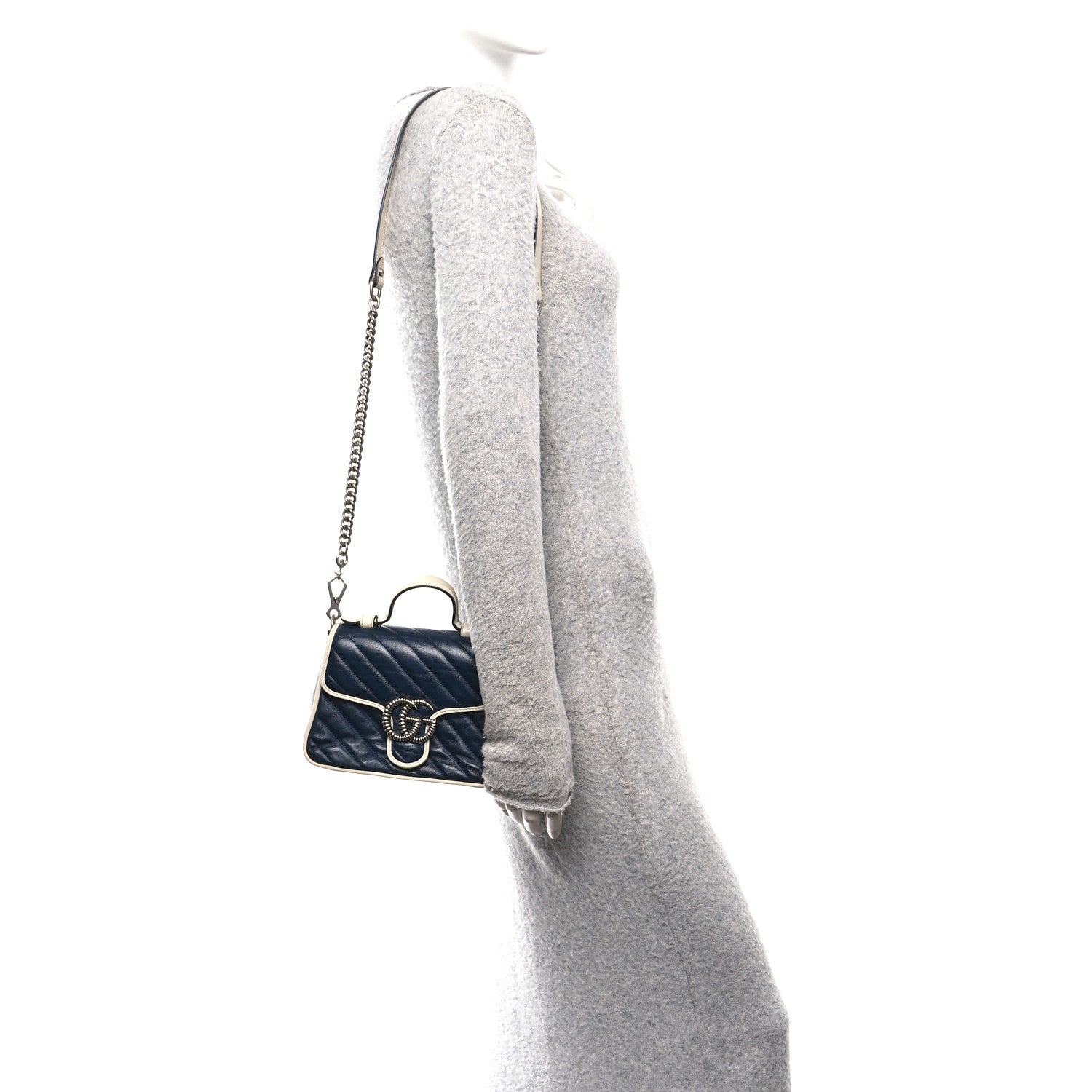 Gucci Vintage Effect Calfskin Matelasse Diagonal Mini Torchon GG Marmont Top Handle Shoulder Bag Blue Agata Mystic White