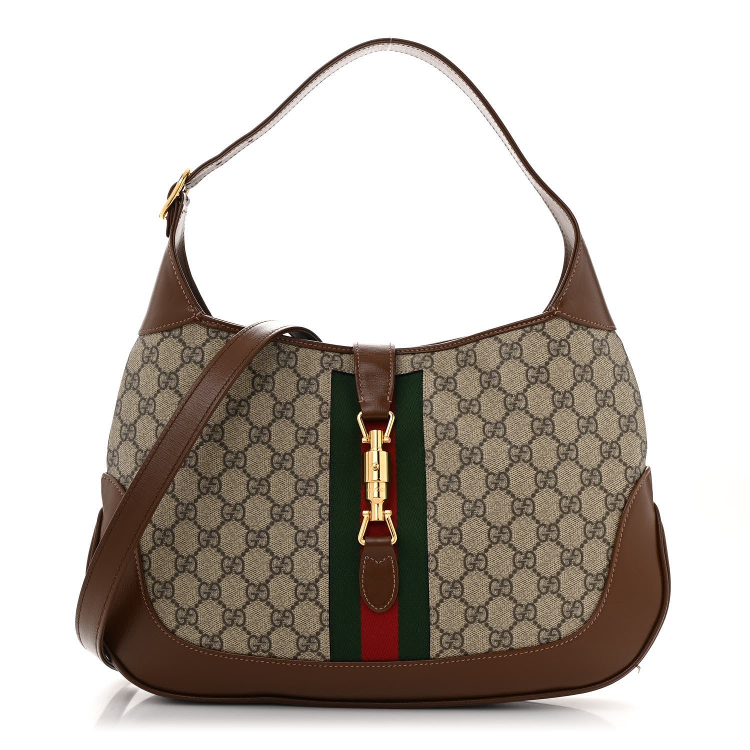 Gucci GG Supreme Monogram Azalea Calfskin Web Medium Jackie 1961 Hobo Beige Ebony Brown Sugar