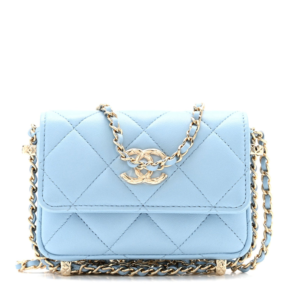 Chanel Lambskin Quilted Chain Around Coin Purse With Chain Light Blue