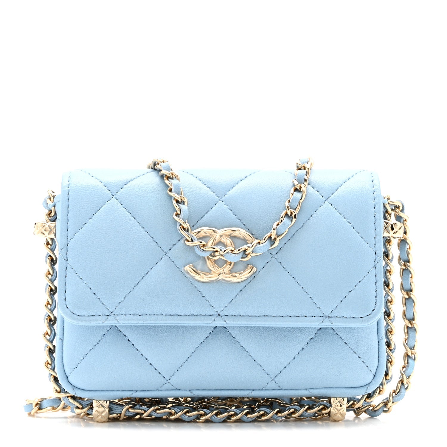 Chanel Lambskin Quilted Chain Around Coin Purse With Chain Light Blue