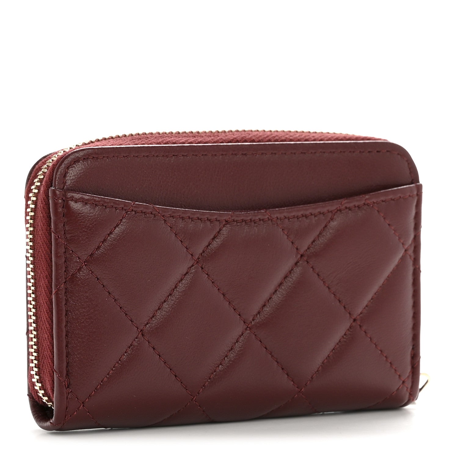 Lambskin Quilted Zip Around Coin Purse Wallet Burgundy