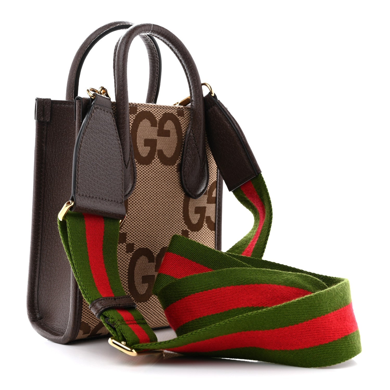 Gucci Monogram Jumbo GG Textured Dollar Calfskin Web Mini Vertical Tote Camel Ebony New Acero