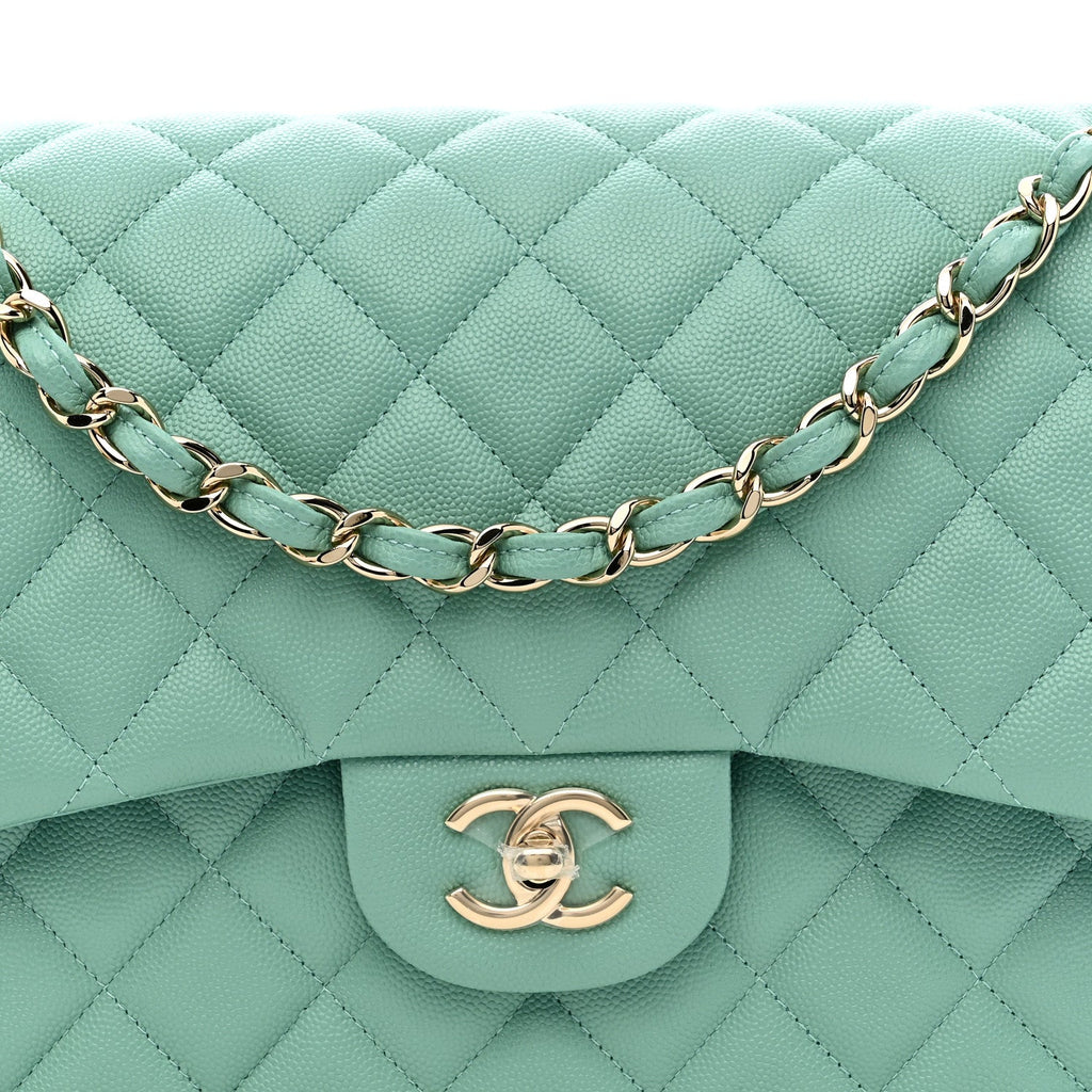 Chanel Caviar Quilted Jumbo Double Flap Light Green