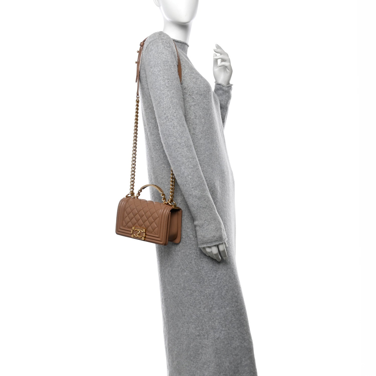 Chanel Caviar Quilted Small Top Handle Boy Flap Beige