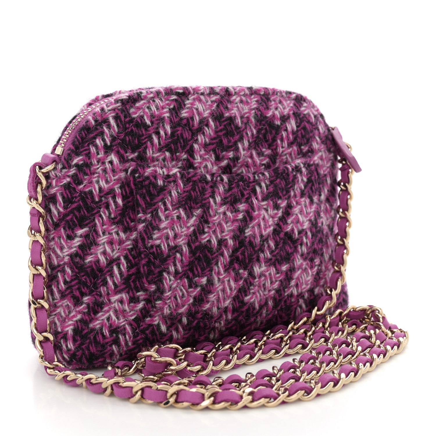 Chanel Tweed Quilted Mini Clutch With Chain Purple