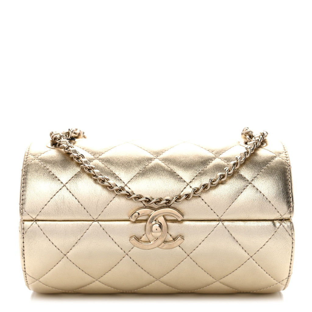 Chanel Metallic Lambskin Quilted Barrel Crossbody Bag Gold