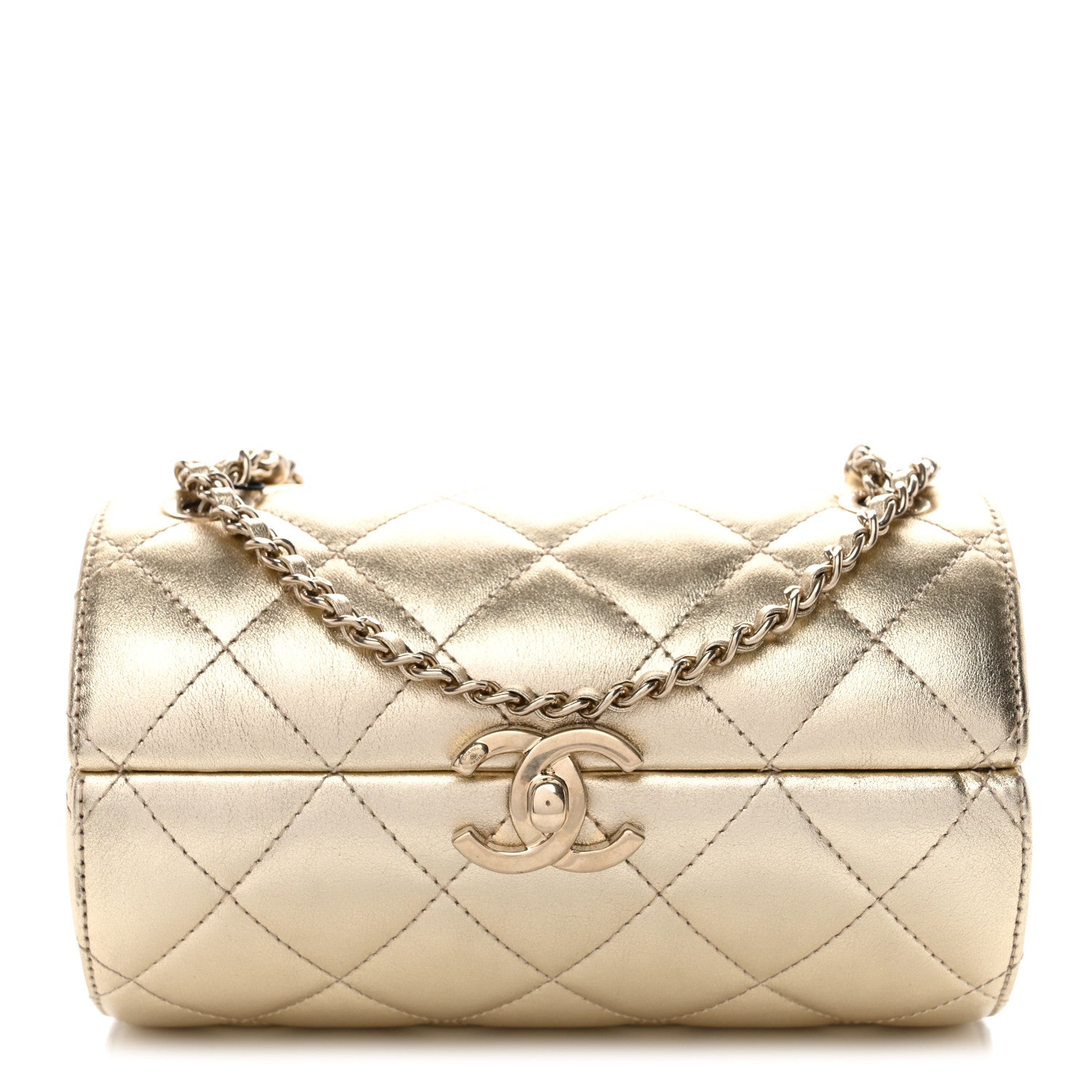 Chanel Metallic Lambskin Quilted Barrel Crossbody Bag Gold