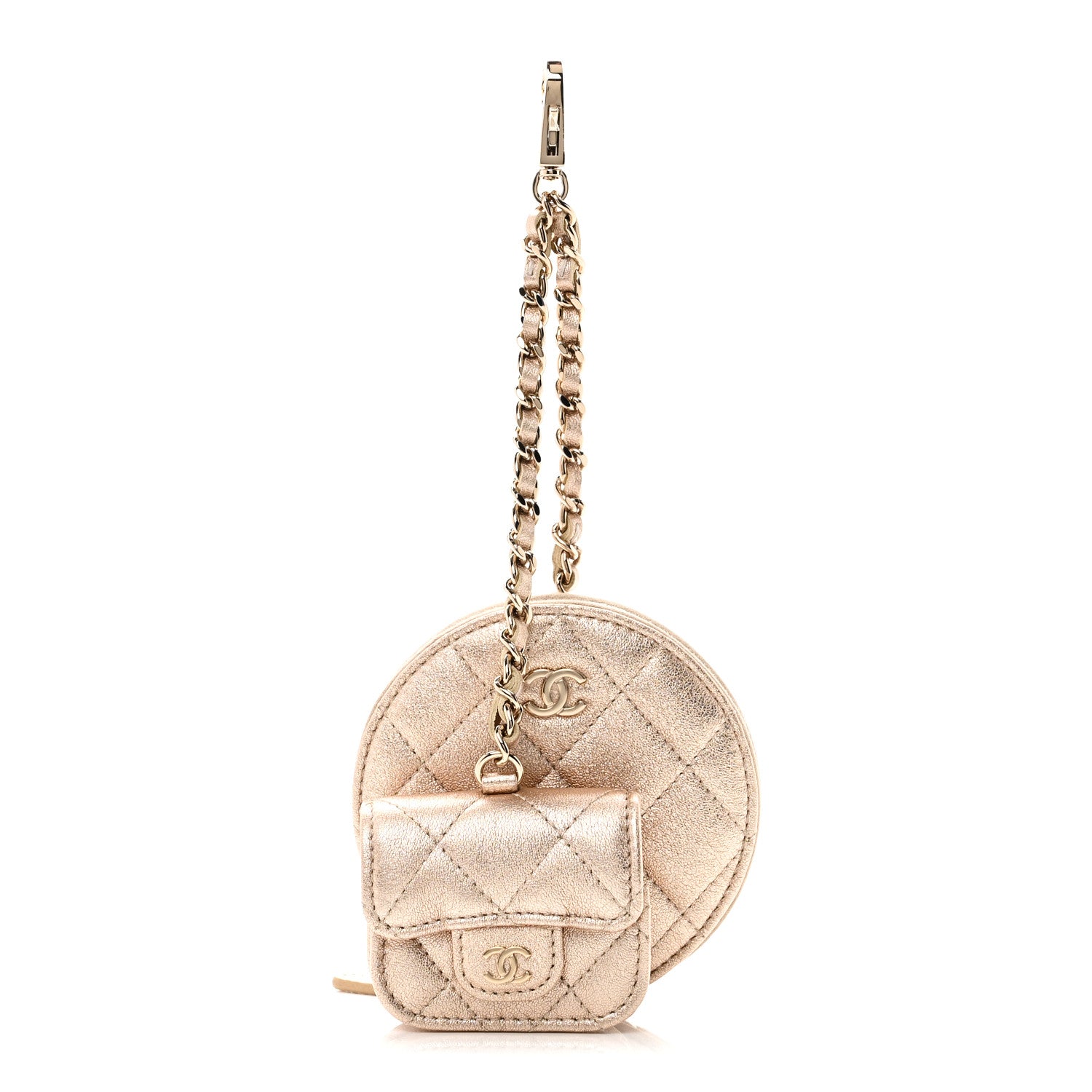 Metallic Lambskin Quilted Round Clip On Coin Purse Airpods Case Gold