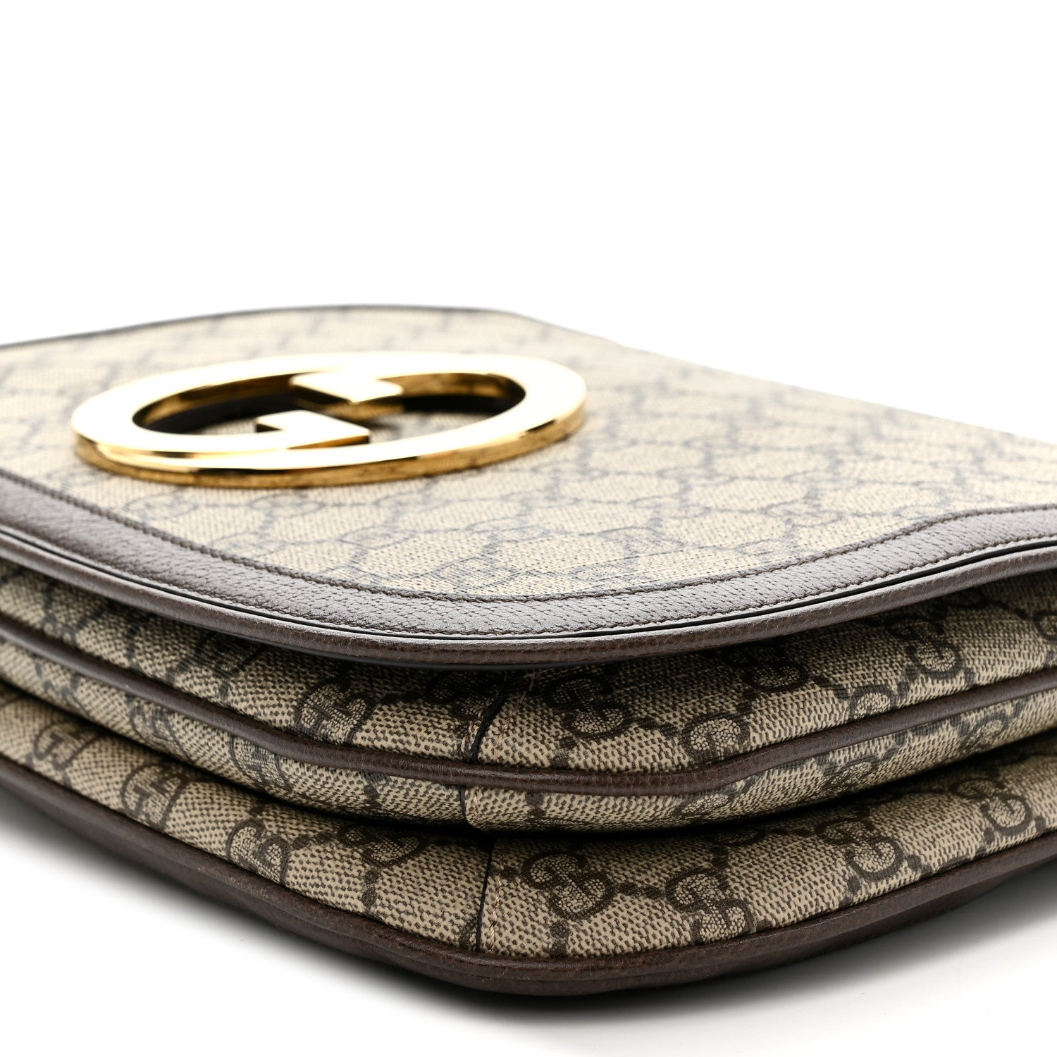 Gucci GG Supreme Monogram Textured Dollar Calfskin Web Medium Blondie Top Handle Shoulder Flap Bag Beige Ebony New Acero