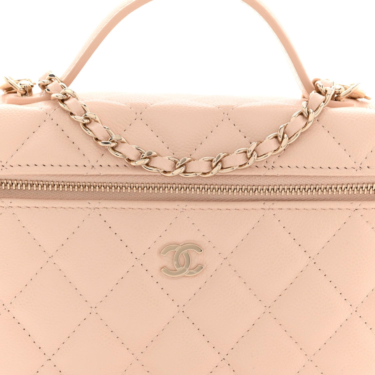Chanel Caviar Quilted Top Handle Slim Vanity With Chain Beige