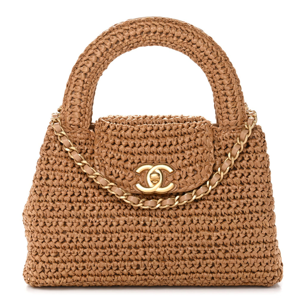 Chanel Braided Raffia Nano Kelly Flap Bag Dark Beige