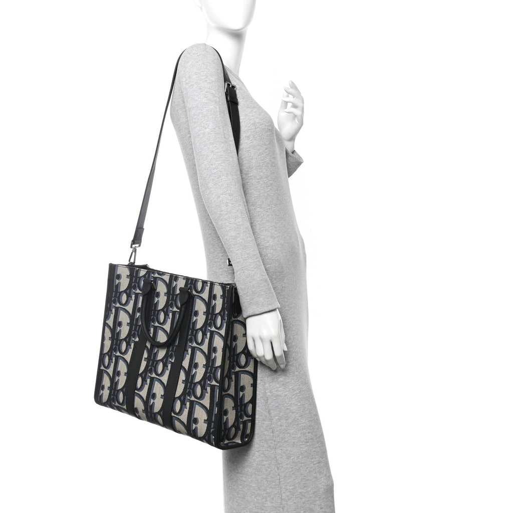 Christian Dior Maxi Oblique Jacquard East West Tote Beige Blue
