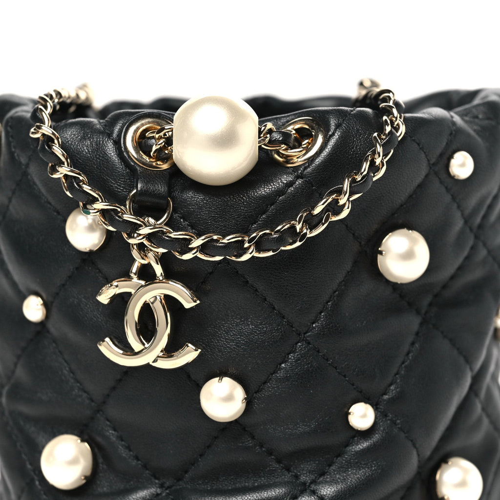 Chanel Lambskin Quilted Pearl Mini About Pearls Drawstring Bag Black