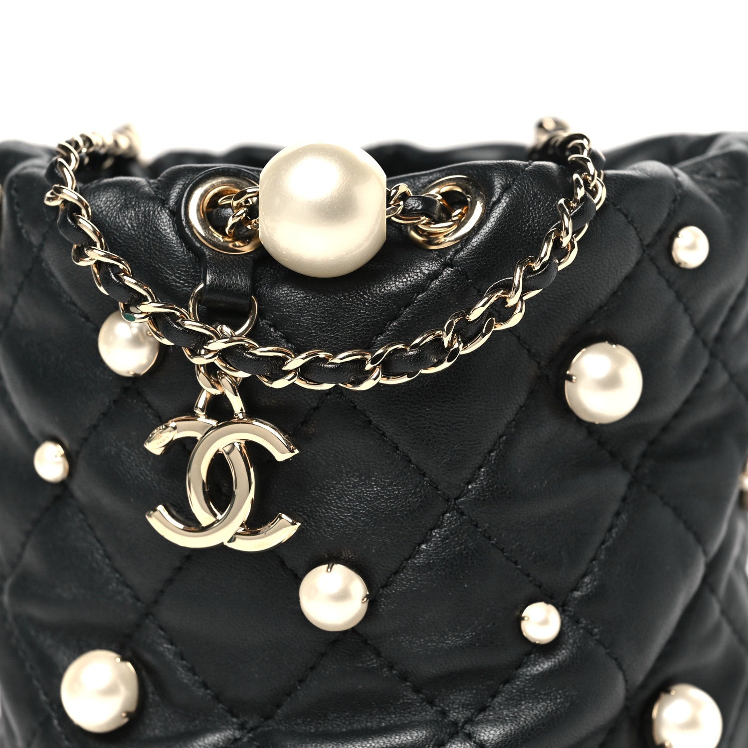 Chanel Lambskin Quilted Pearl Mini About Pearls Drawstring Bag Black