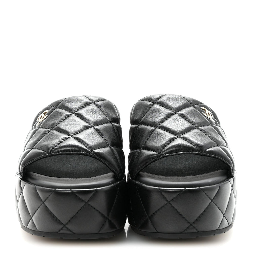 Lambskin Quilted CC Mules Wedge Sandals 37 Black