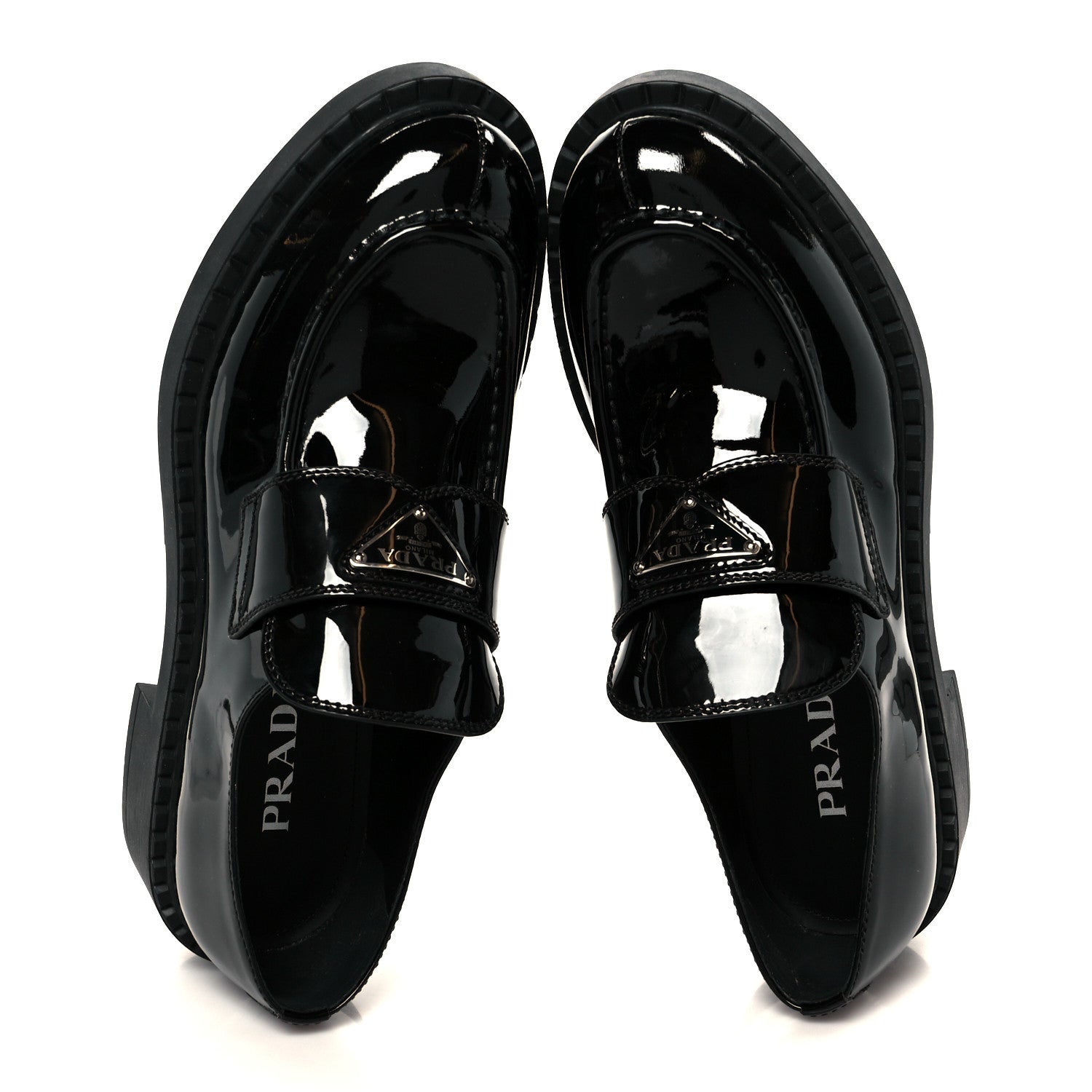 Prada Vernice Metal Triangle Logo 50mm Loafers 39.5 Black