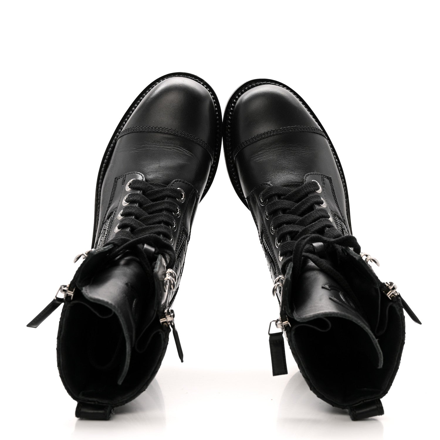 Calfskin Quilted Lace Up Combat Boots 36.5 Black