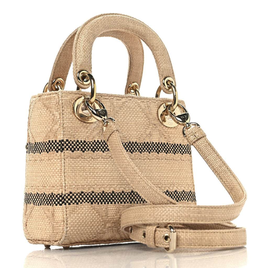 Christian Dior Raffia Woven Cannage Embroidered Mini Lady D-Lite Natural Black